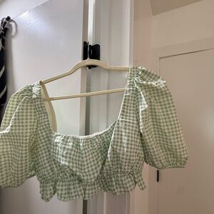 Lovers + Friends Mint Gingham Puff Sleeve Blouse